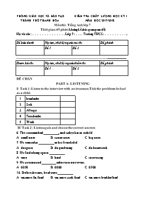 Bộ đề kiểm tra chất lượng học kỳ I môn Tiếng Anh Lớp 7 - Năm học 2017-2018 - Phòng GD và ĐT Thành phố Thanh Hóa